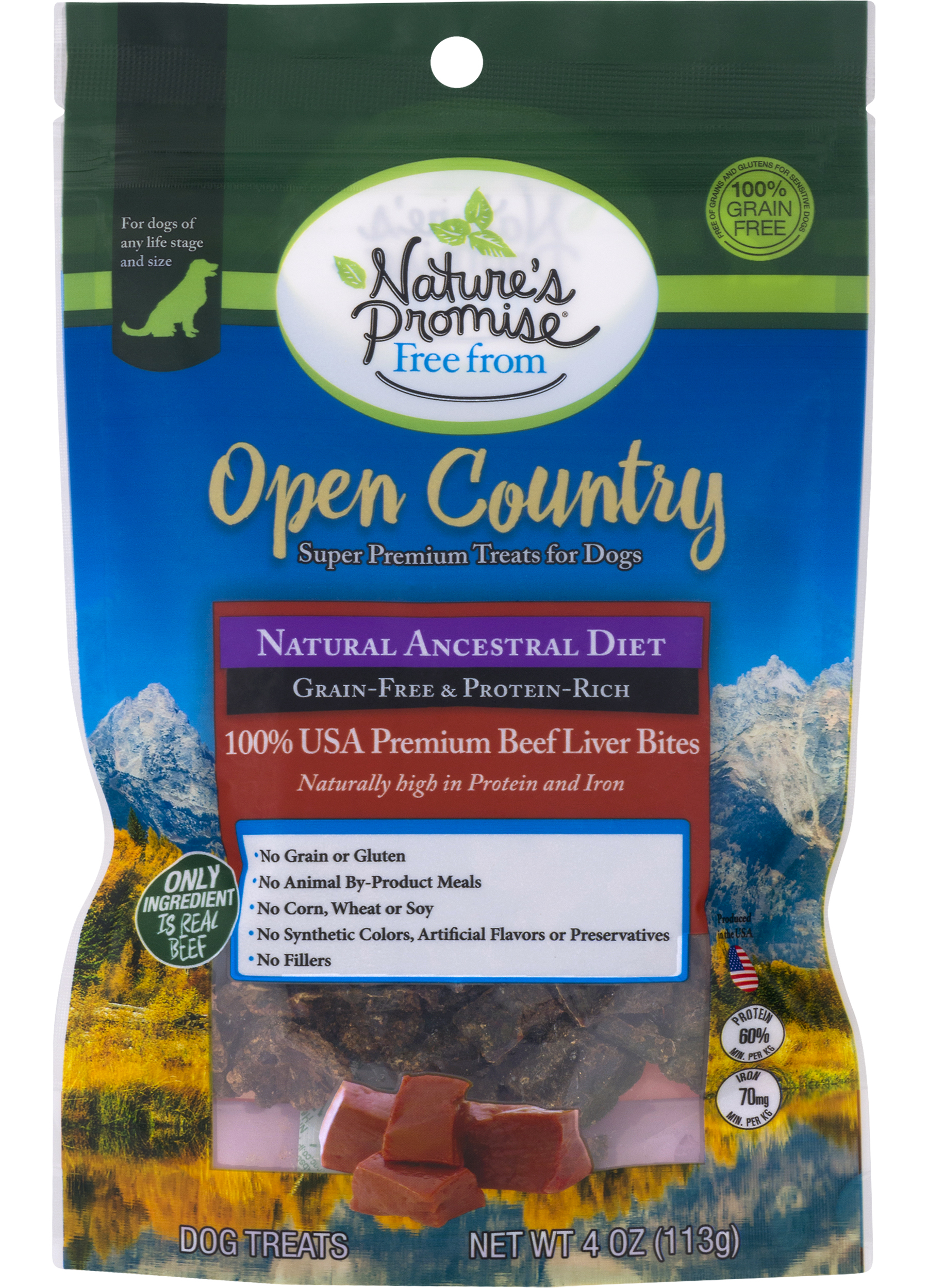 Nature s Promise Dog Treats Premium 100 Grain Free Natural Ancestral Diet Beef Liver Bites Open Country Pouch