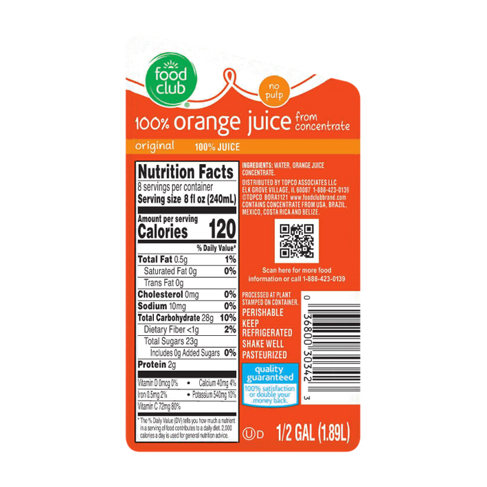 Orange juice nutrition label store