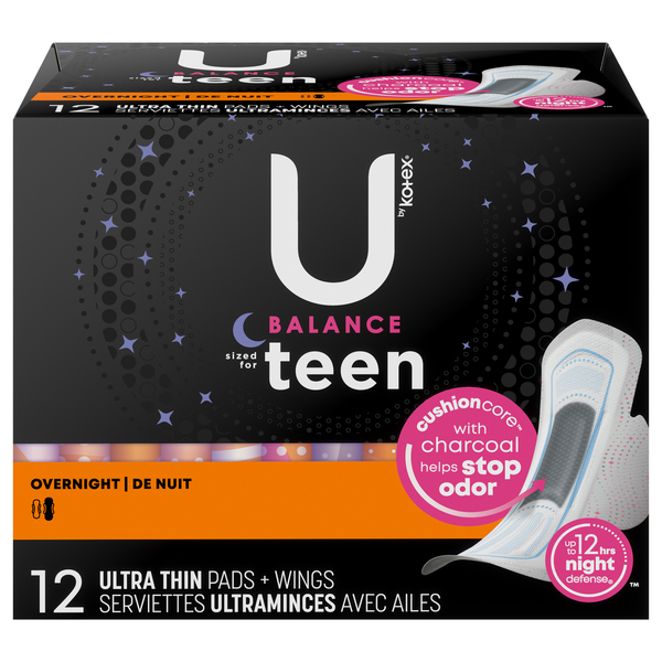 U by Kotex Balance Teen Ultra Thin Pads with Wings Overnight - 12 ct box
