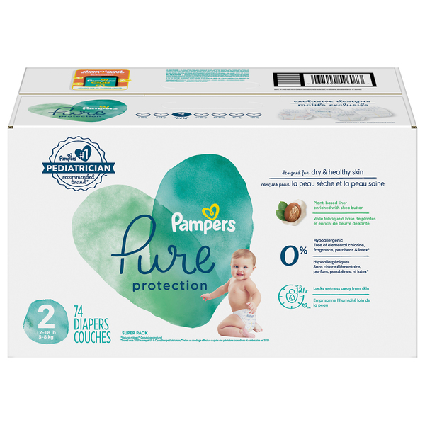 Pampers Pure Protection Size 2 Diapers 12 18 lbs 74 ct box