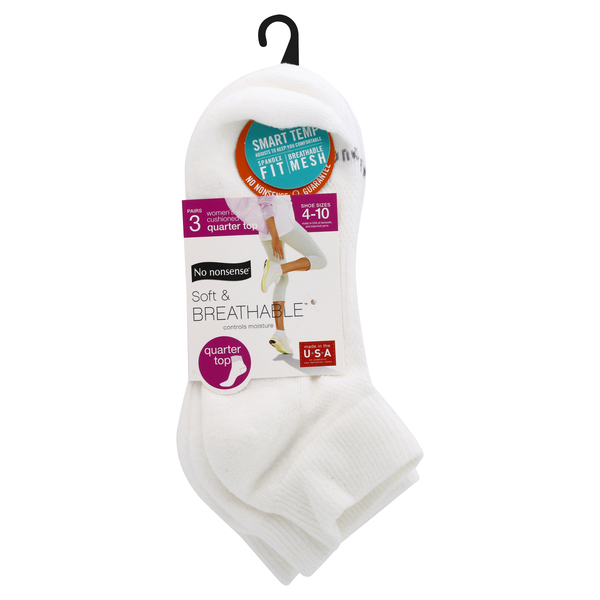 No Nonsense Women's Quarter Length White Socks Soft & Breathable Size 4-10  - 3 pairs