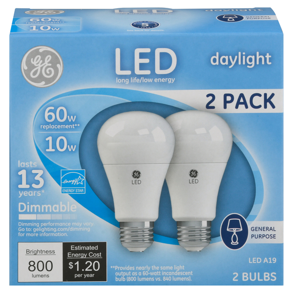 GE LED Daylight General Purpose Light Bulb Dimmable 10w 60w 2 ct box GIANT
