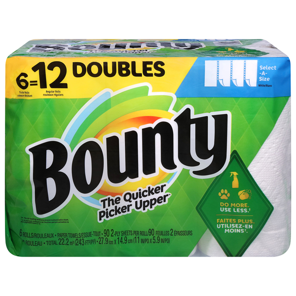 Bounty Select-A-Size Paper Towels, White, 2 Double Plus Rolls = 5 Regular  Rolls