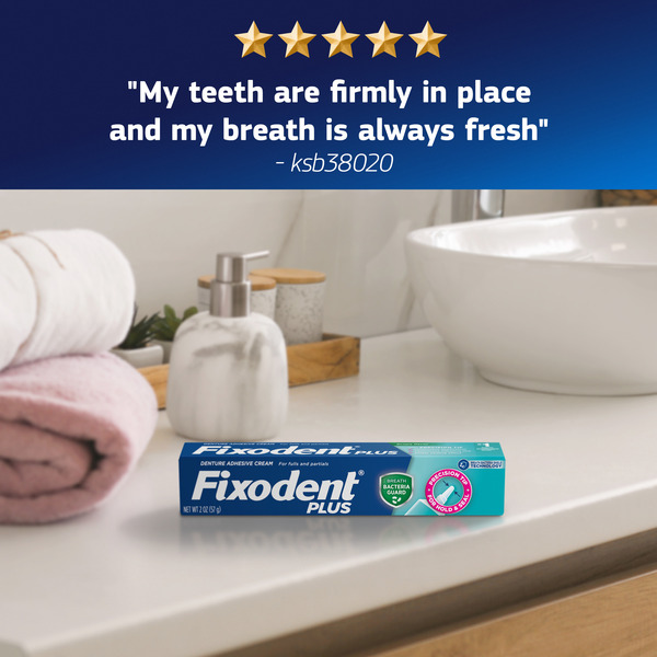 Fixodent Plus Precision Hold & Seal, Breath Bacteria Guard Denture Adhesive  Cream, 2 oz