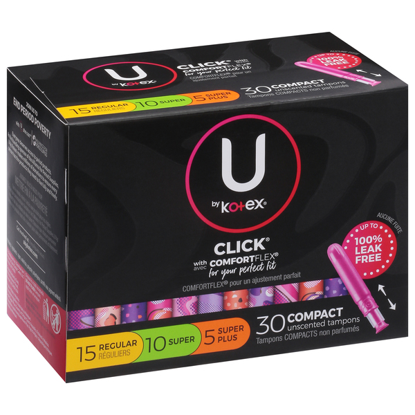 U by Kotex Click Regular Super & Super Plus Tampons Unscented - 30 ct box