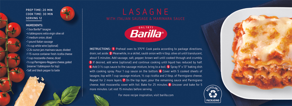 A box of Barilla Oven-Ready Lasagne next to other ingredients for the lasagna box recipe.