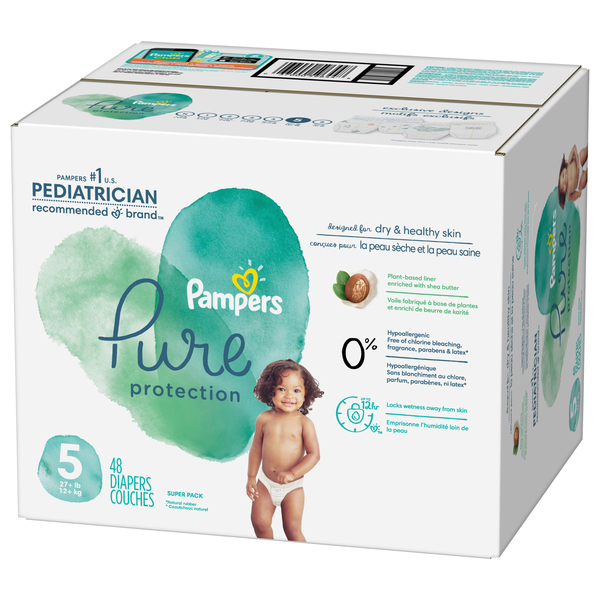 Pampers Pure Protection Size 5 Diapers 27 lbs 48 ct box Stop