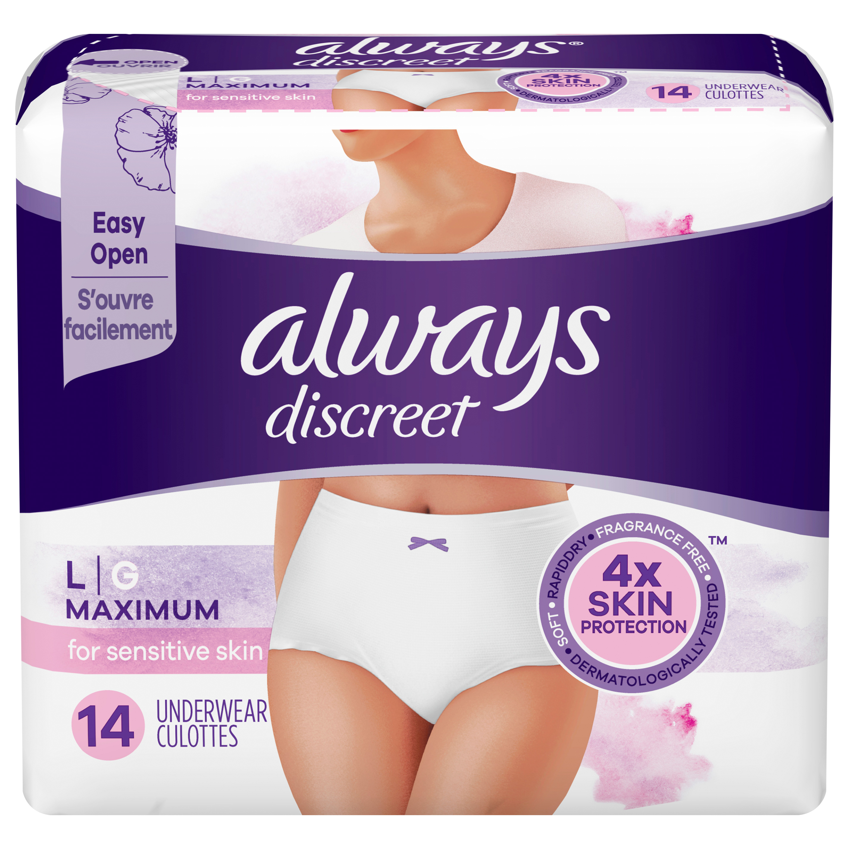 Always Women's Discreet Incontinence Underwear Sensitive Skin Maximum+ L -  14 ct pkg