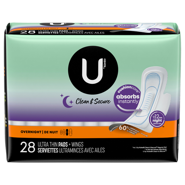 U by Kotex Clean & Secure Ultra Thin Pads with Wings Overnight - 28 ct pkg