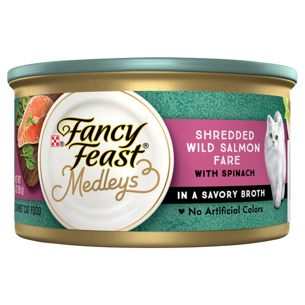 Fancy Feast Medleys in Broth Shredded Salmon Fare w Spinach Wet Cat Food 3 oz can Stop Shop