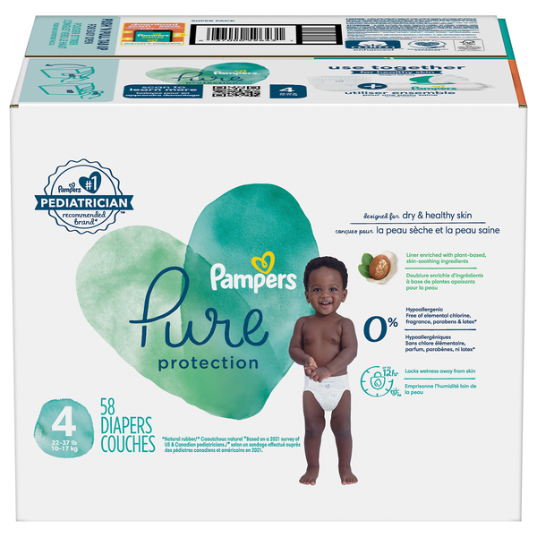 Pampers Pure Protection Size 4 Baby Diapers 22 37 lb 58 ct box