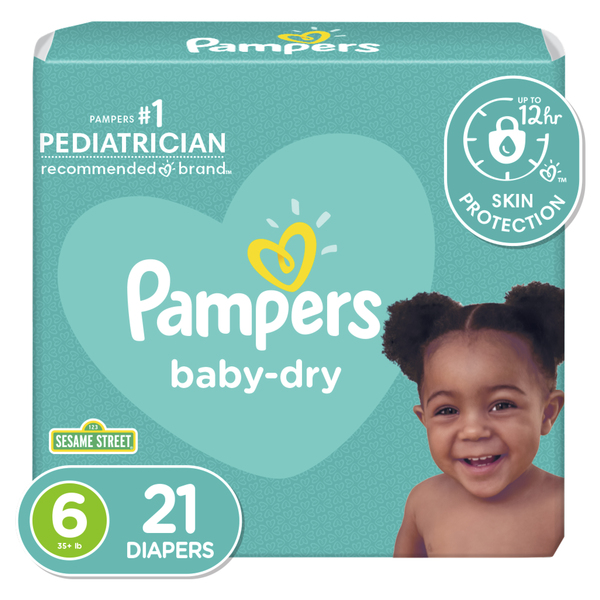Pampers Baby Dry Diapers, Size 6 (35+ lb), Sesame Street