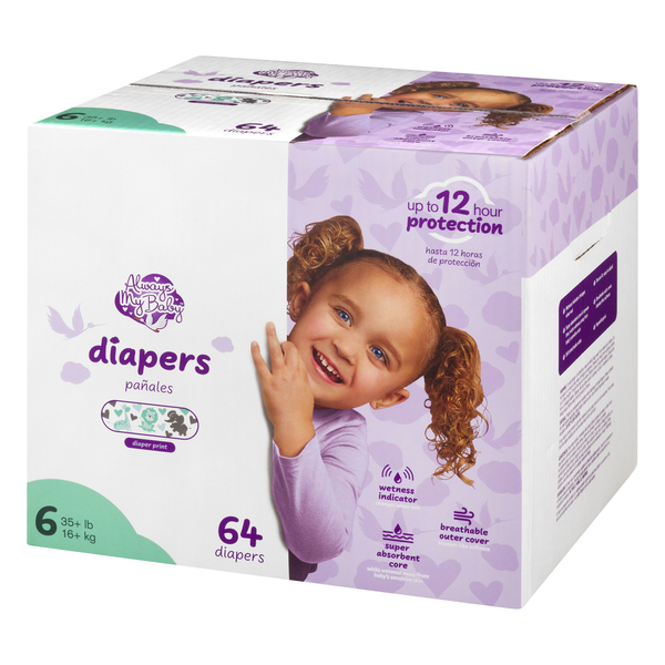 Always My Baby Size 6 Baby Diapers 35+ lb - 64 ct box