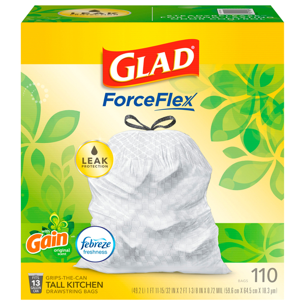 Glad ForceFlex Plus Gain Original Scent Drawstring Tall Kitchen 13 Gallon  Trash Bags