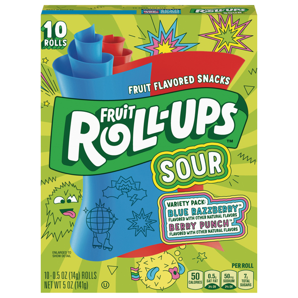 Fruit Roll-Ups Sour Blue Razzberry/Berry Punch Fruit Flavored Snacks -10ct  - 5 oz box | MARTIN'S