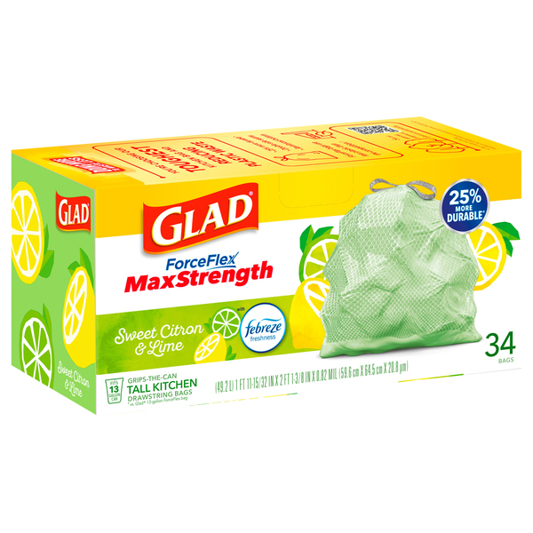 Glad ForceFlexPlus Tall Kitchen Febreze Sweet Citron and Lime Trash Bags,  34 ct - Foods Co.