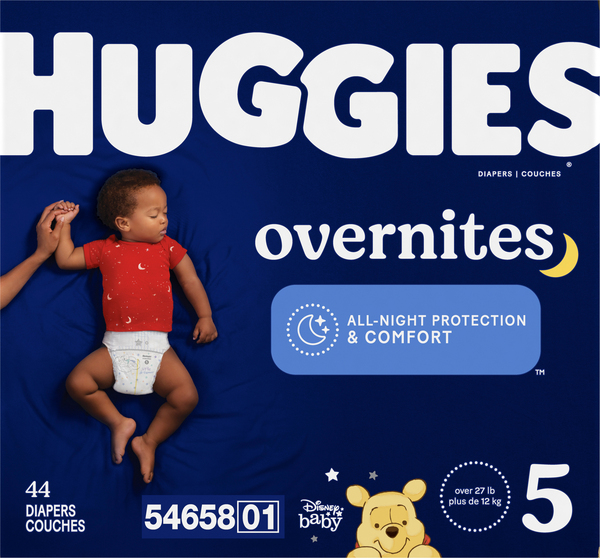 Huggies Overnites Size 5 Baby Diapers 27+ lb - 44 ct box