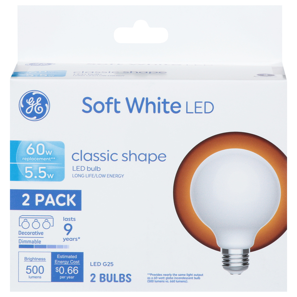GE LED G25 Classic Shape Bulbs Soft White Decorative 60w Replacement 2 ct box Giant