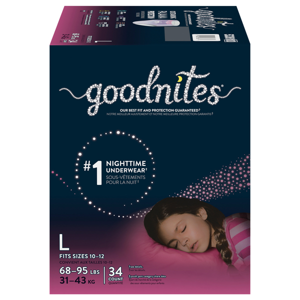 GoodNites Girls L Nighttime Underwear 68-95 lb - 34 ct box