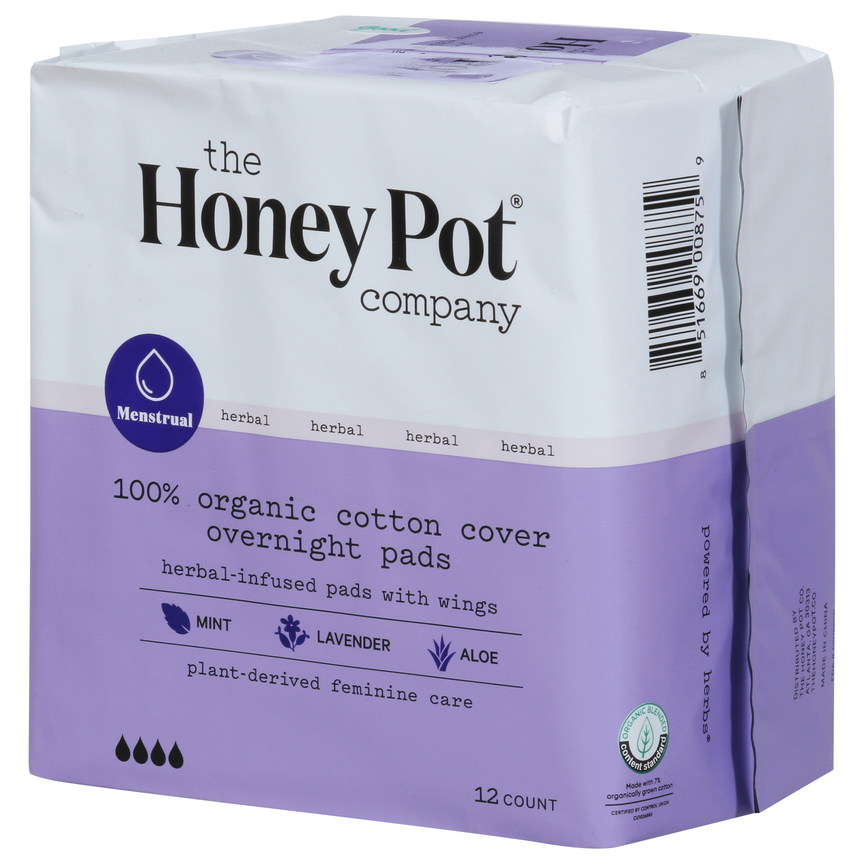 The Honey Pot Pads, Organic, Overnight, with Wings, Herbal-Infused - 12 pads