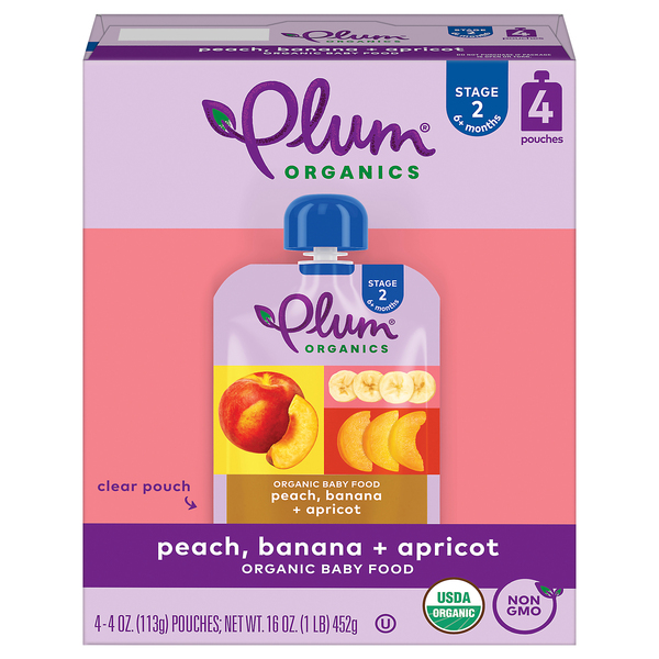 Plum Organics Stage 2 Baby Food Peach Banana Apricot 4 ct 16