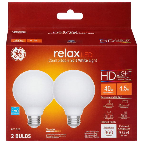 GE Relax LED Light Bulb Soft White Dimmable 40w 2 ct box Giant