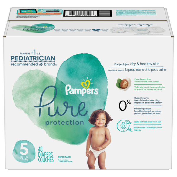 Pampers Pure Protection Size 5 Diapers 27 lbs 48 ct box Stop