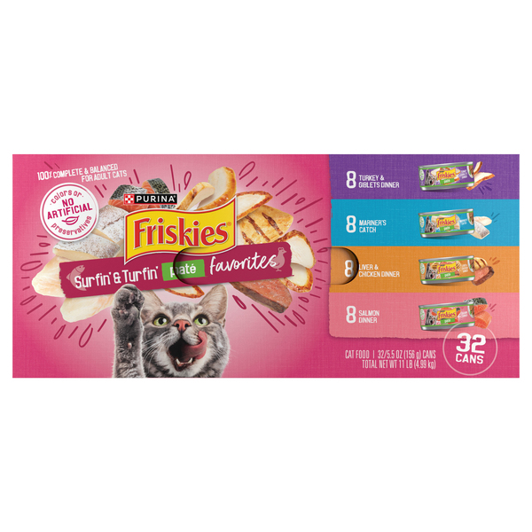 Friskies Surfin Turfin Pate Favorites Variety Adult Wet Cat Food 32 ct 11 lb box GIANT