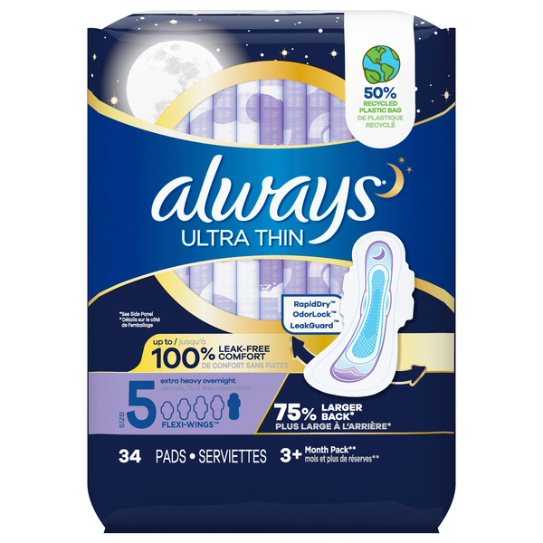 L. Extra Long Overnight Ultra Thin Pads with Wings, 36 count