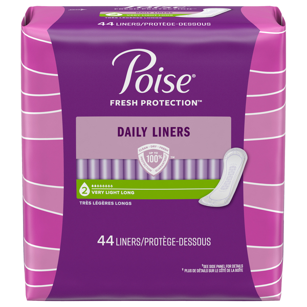 Poise Daily Incontinence Liners Long Length Very Light Absorbency - 44 ct  pkg