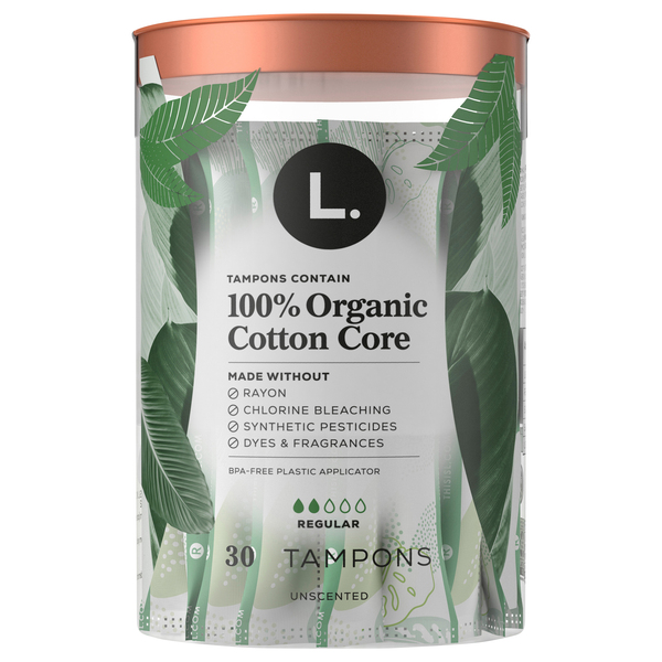 L. 100% Organic Cotton Core Unscented Regular Tampons - 30