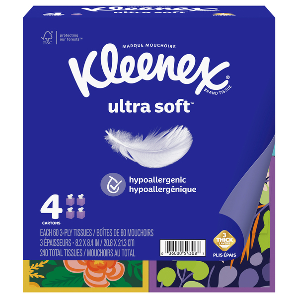 Kleenex Ultra Soft Facial Tissues, 3 Thick Layers for Softness & Strength,  Hypoallergenic, 4 Flat Boxes, 120 White Tissues per Box, 3-Ply (480 Total)