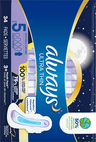 Always Ultra Thin Size 5 Unscented Extra Heavy Overnight Pads with Wings 34 ct pkg Food Lion