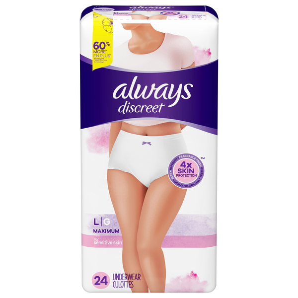 Always Women's Discreet Incontinence Underwear Sensitive Skin Maximum+ L -  24 ct pkg