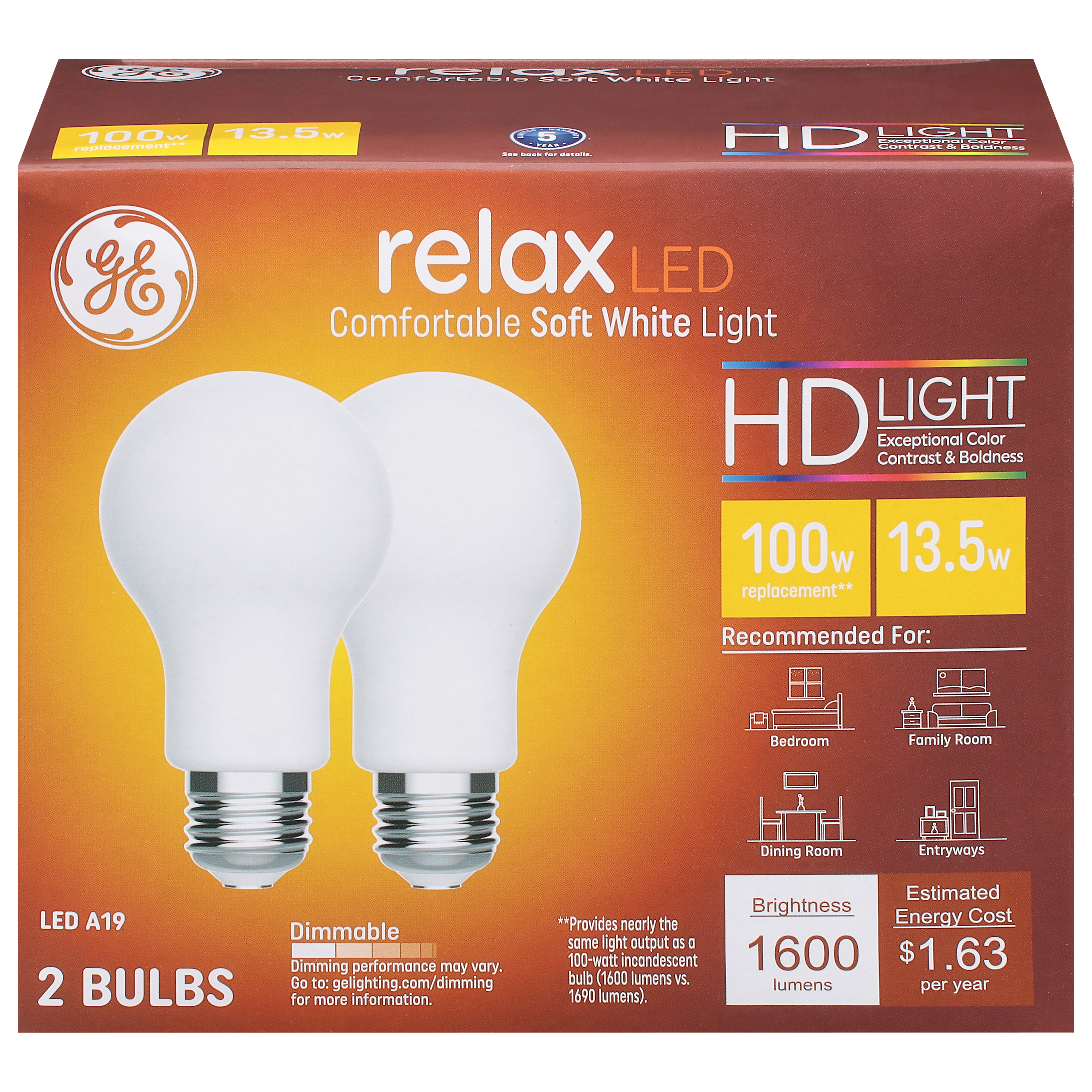 GE Relax LED HD Light Bulb Soft White Dimmable 100w Replacement