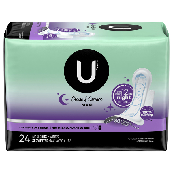 U by Kotex Clean & Secure Maxi Pads with Wings Extra Heavy Overnight - 24  ct pkg