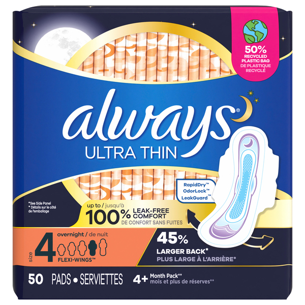 Always Ultra Thin Overnight Flexi-Wings Pads Size 4 - 50 ct pkg
