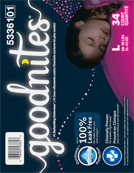 GoodNites Girls L Nighttime Underwear 68-95 lb - 34 ct box GoodNites Girls L Nighttime Underwear 68-95 lb - 34 ct box