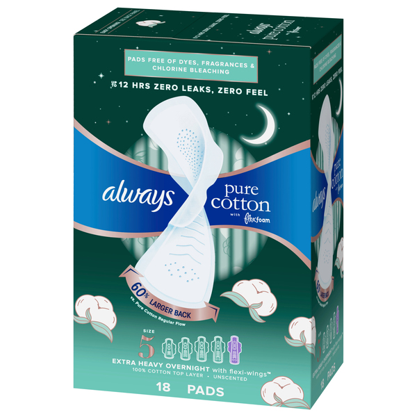 Always Pure Cotton Pads Size 5 Extra Heavy Overnight Flexi-Wings Unscented  - 18 ct pkg