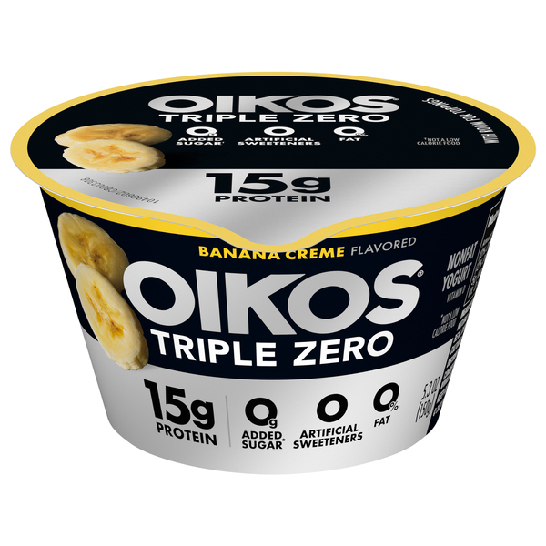 Oikos Triple Zero 15g Protein Non Fat Banana Creme Greek Yogurt Cup 5.3 oz cup MARTIN S