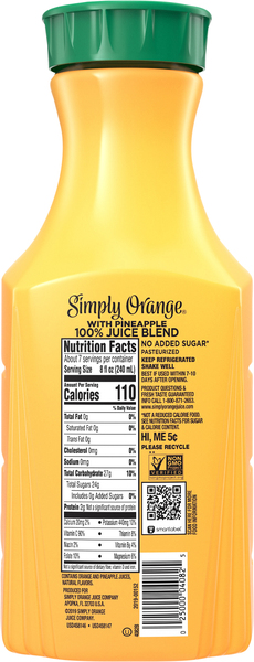 Simply Pulp Free Orange Juice with Pineapple 52 oz btl Stop Shop