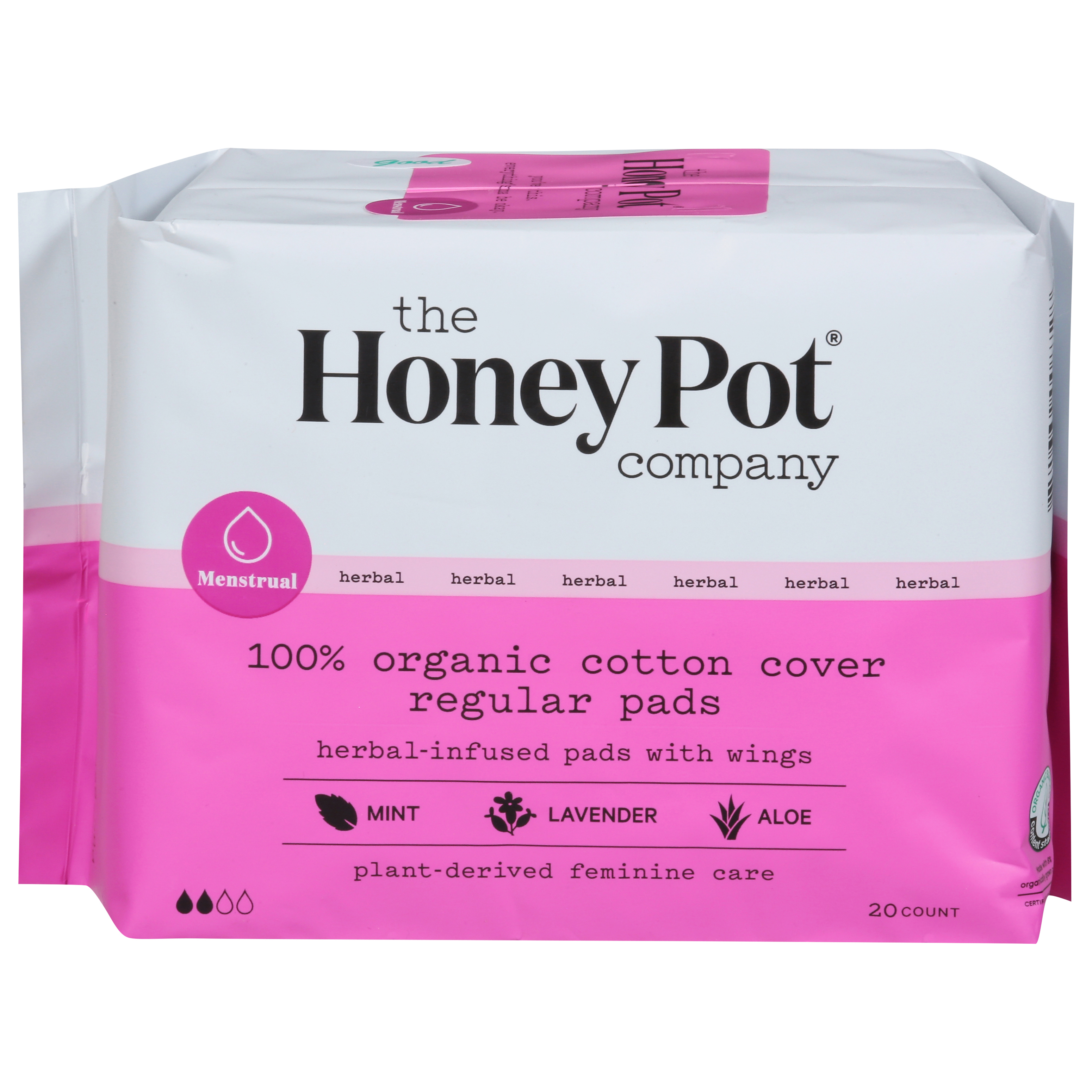 The Honey Pot Pads, Herbal-Infused, with Wings, 100% Organic Cotton Cover, Regular - 20 pads