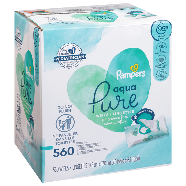 Pampers Aqua Pure Baby Wipes Fragrance Free 560 ct box GIANT