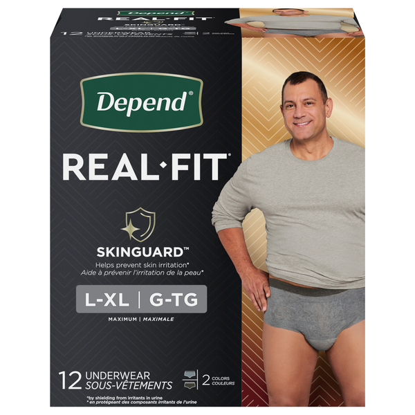 Depend Real Fit Incontinence Underwear for Men, Maximum Absorbency,  Large/Extra-Large, Black & Grey, 12 Count (2 PACK)