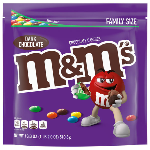 M&M'S Dark Chocolate Candy, Family Size, 18 oz Resealable Bulk Candy Bag