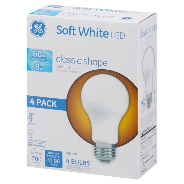 GE LED Classic Shape Bulbs Soft White Non Dimmable 60w Replacement 4 ct box MARTIN S